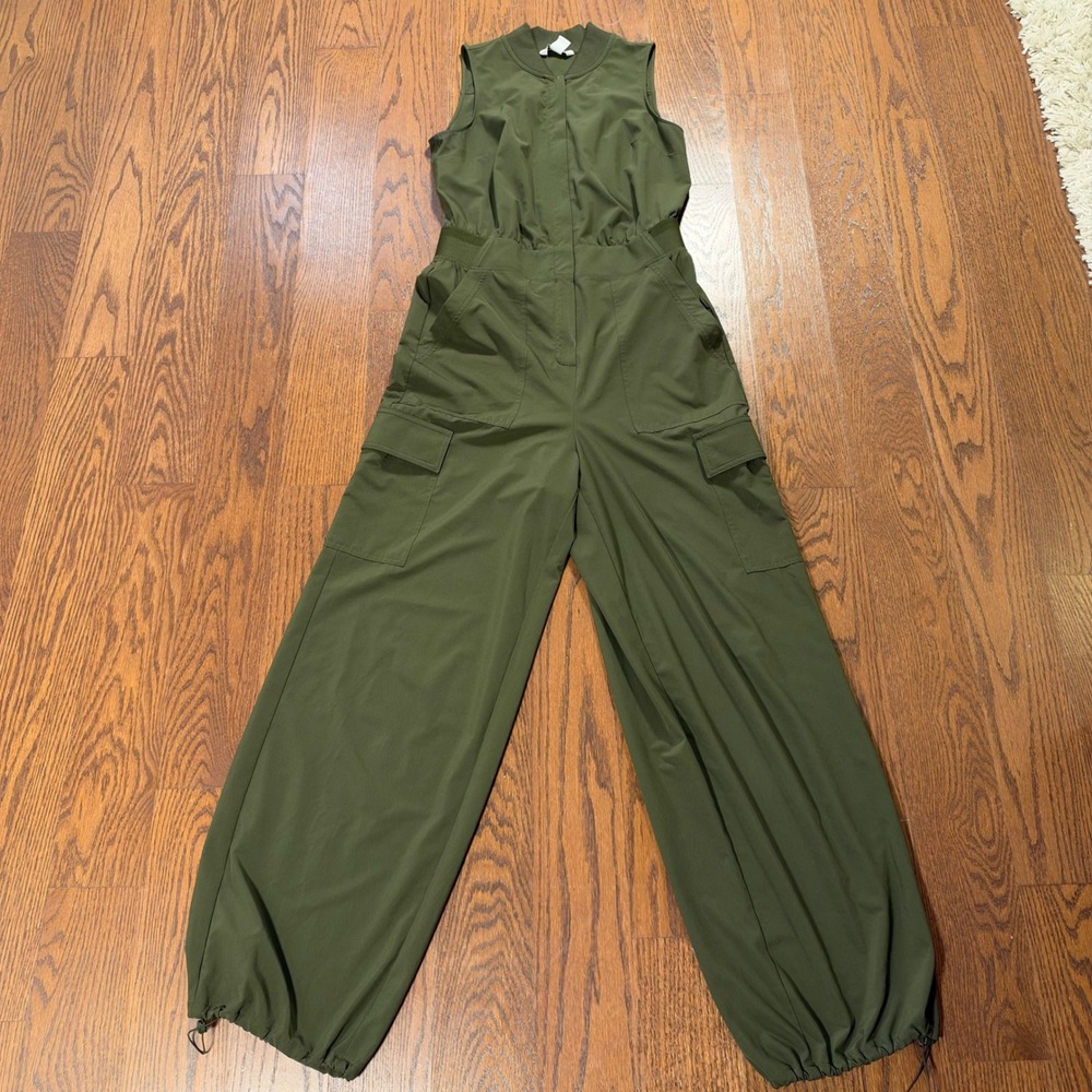 Athleta Olive Green Cargo Jumpsuit Sleeveless Mock Neck Utility Size 2